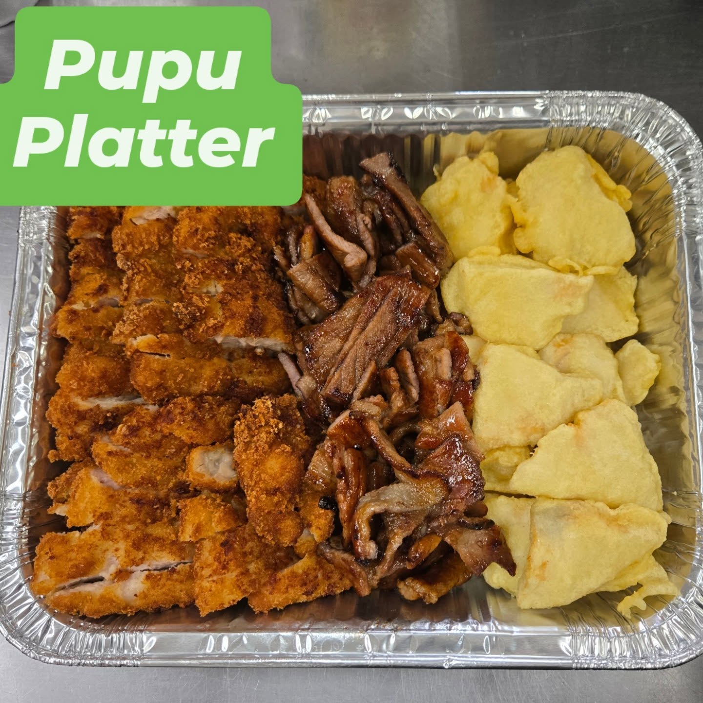 We have small and large Pupu Platters available for curbside pick up. Enjoy the rest of the weekend..no need to cook tonight....just make rice or order fried rice too.
They come with Chicken Katsu, Teriyaki Pork and Battered Fish. 
Call 808-959-2336 or order online thru our website www.KuhioGrille.com